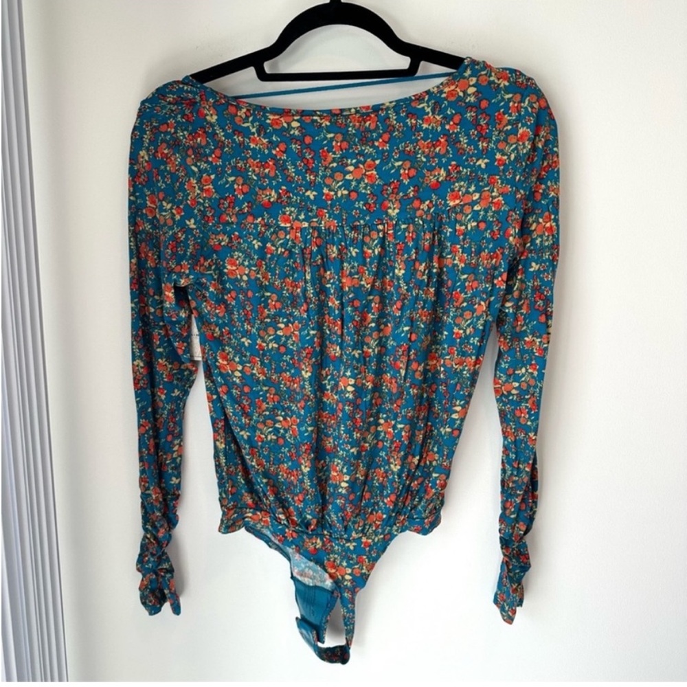 Free People Kaya Floral Printed Plunge Neckline Long Sleeve Bodysuit Turquoise - Picture 11 of 13